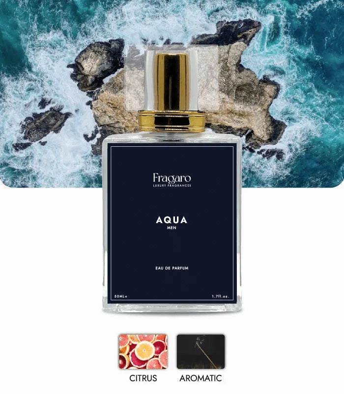 Aqua 50ml men's perfume bottle by Fragaro Accords