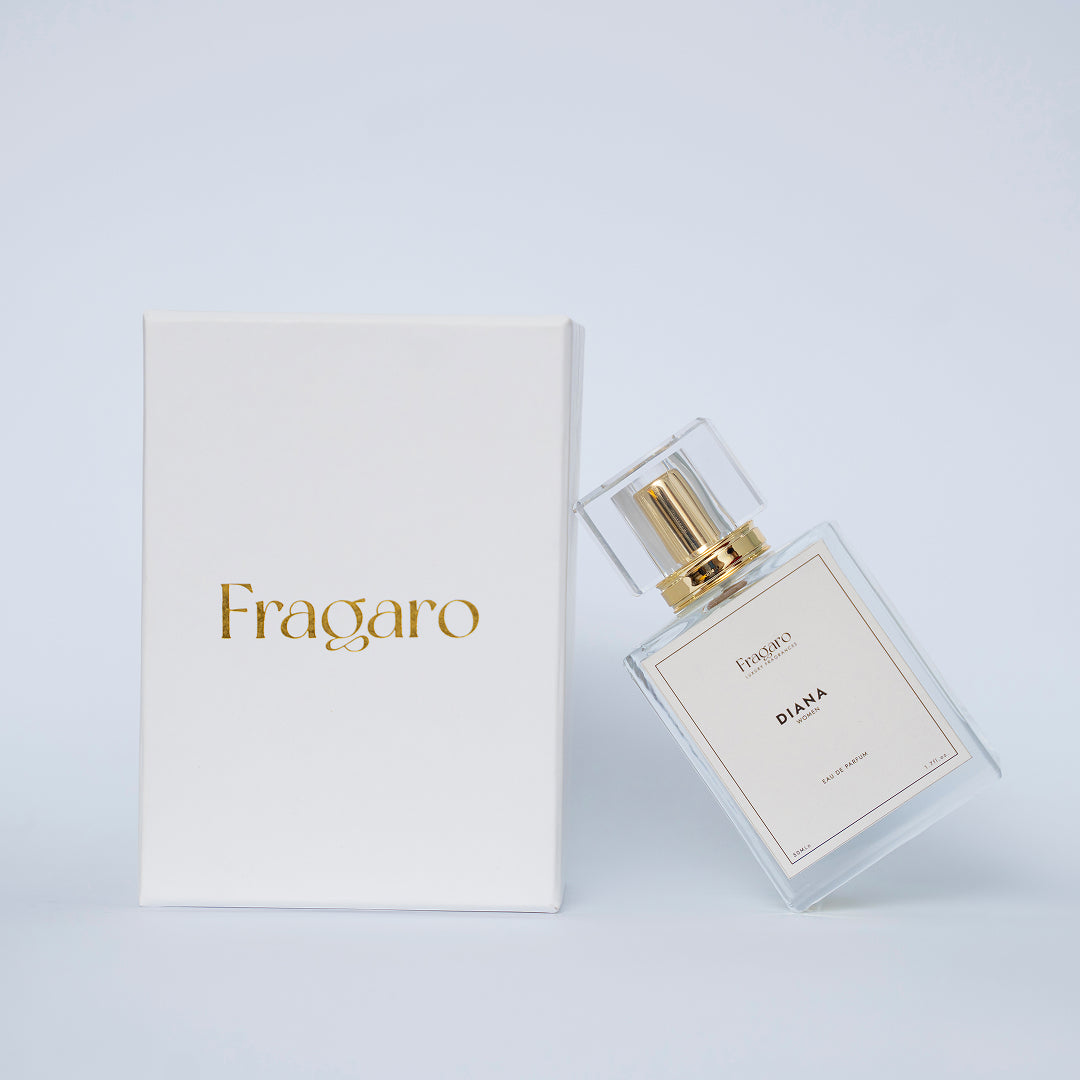 Fragaro Diana perfume bottle and box on a light gray background