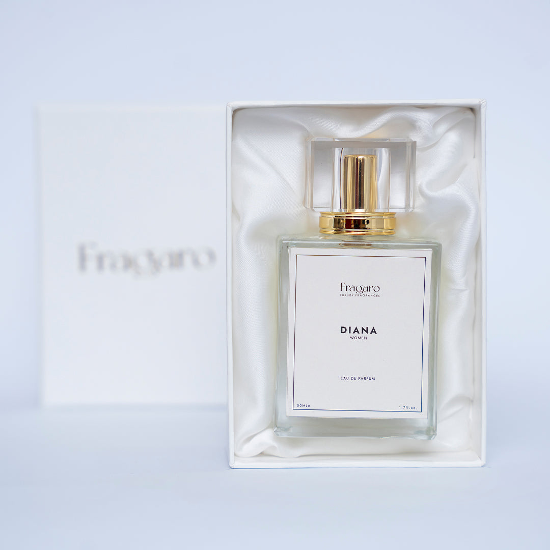 Fragaro Diana perfume bottle in a box on a light blue background