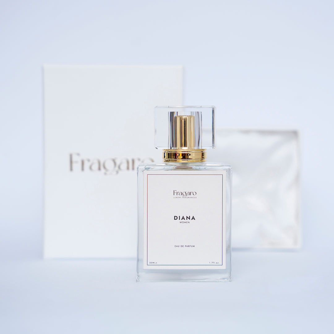 Fragrance bottle labeled 'Diana' by fragaro on a light gray background