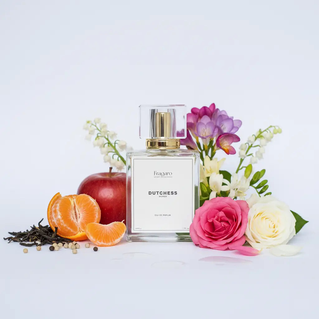 Dutchess 50ml women's perfume bottle by Fragaro with ingredients