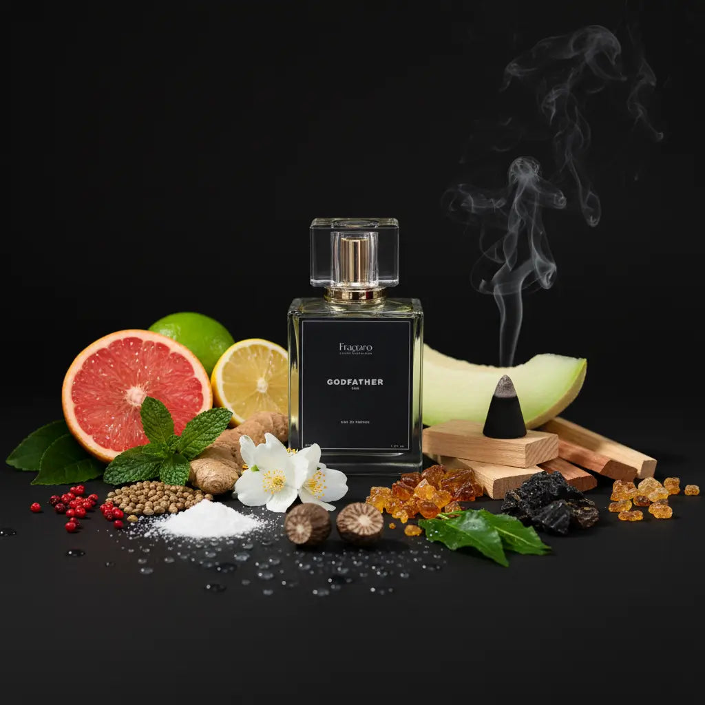 Godfather 50ml men's perfume bottle by Fragaro with ingredients
