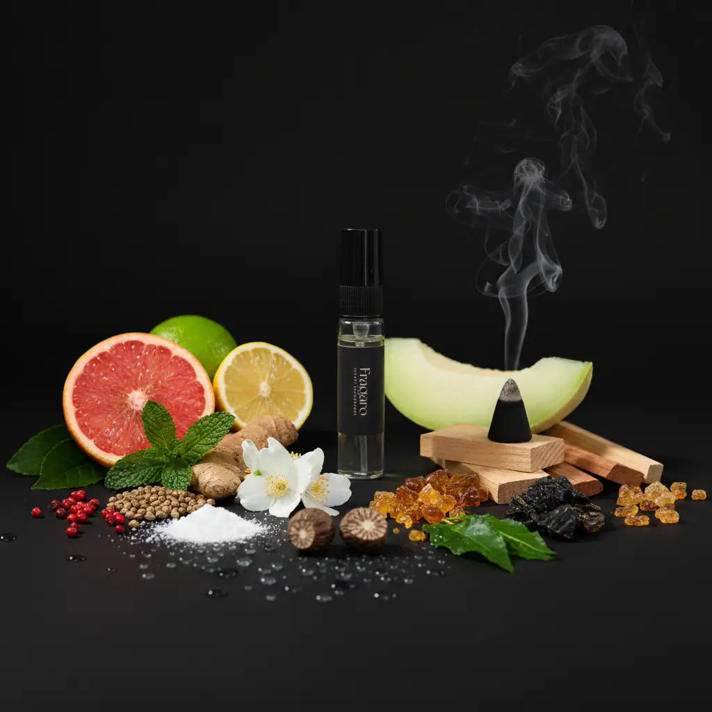 Fragaro Godfather tester vial surrounded by citrus, mint, ginger, jasmine, melon, woods, resin, and rising incense smoke.