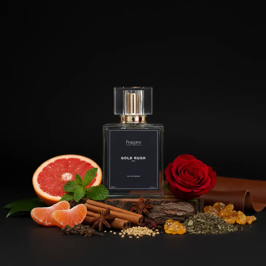 Gold Rush 50ml men's perfume bottle by Fragaro ingredients