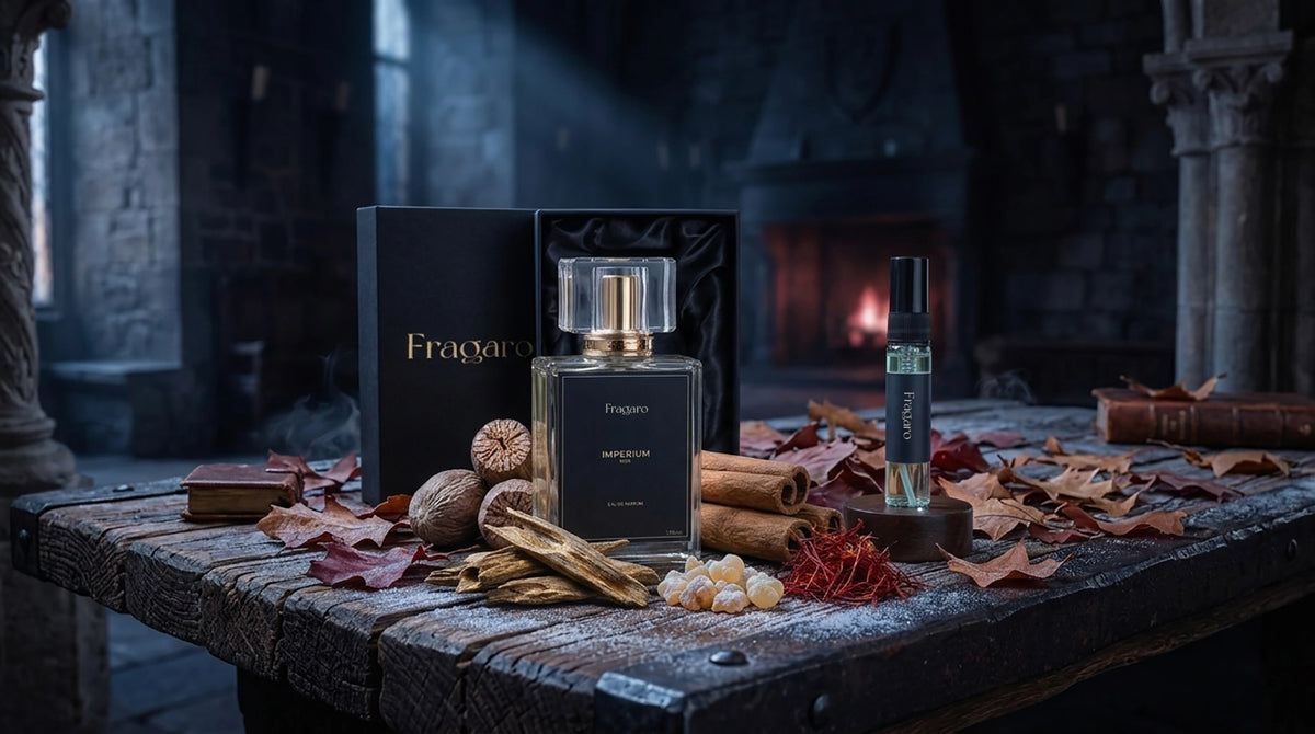 Fragaro Imperium cologne bottle with a clear cap and gold collar, displayed in front of its black box on a rustic wooden surface with cinnamon, nuts, and dried leaves.1621243260e1af0c20-0