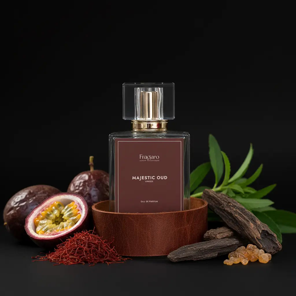 Majestic Oud 50ml unisex perfume bottle by Fragaro with ingredients