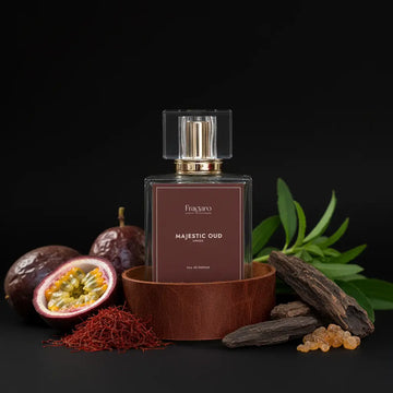 Majestic Oud 50ml unisex perfume bottle by Fragaro with ingredients