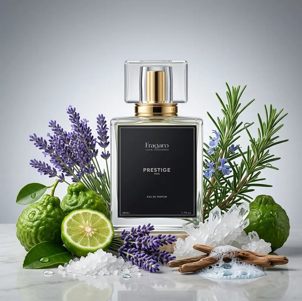 Prestige 50ml men's perfume bottle by Fragaro with ingredients