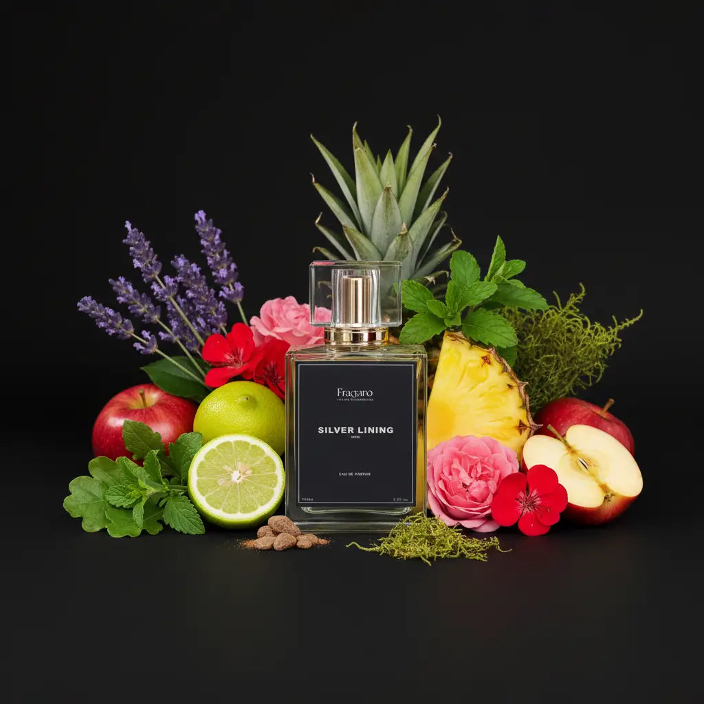 Silver Lining 50ml men's perfume bottle by Fragaro with ingredients
