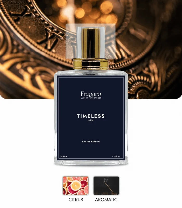 Timeless 50ml men's perfume bottle by Fragaro accords