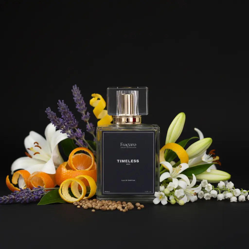Timeless 50ml men's perfume bottle by Fragaro with ingredients