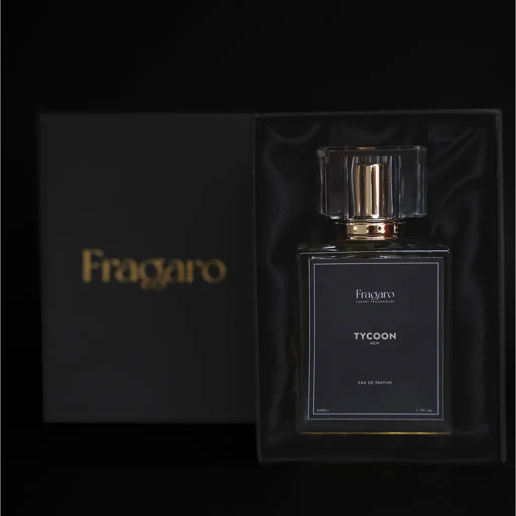 Fragaro Tycoon perfume bottle with packaging on a black background with giftbox