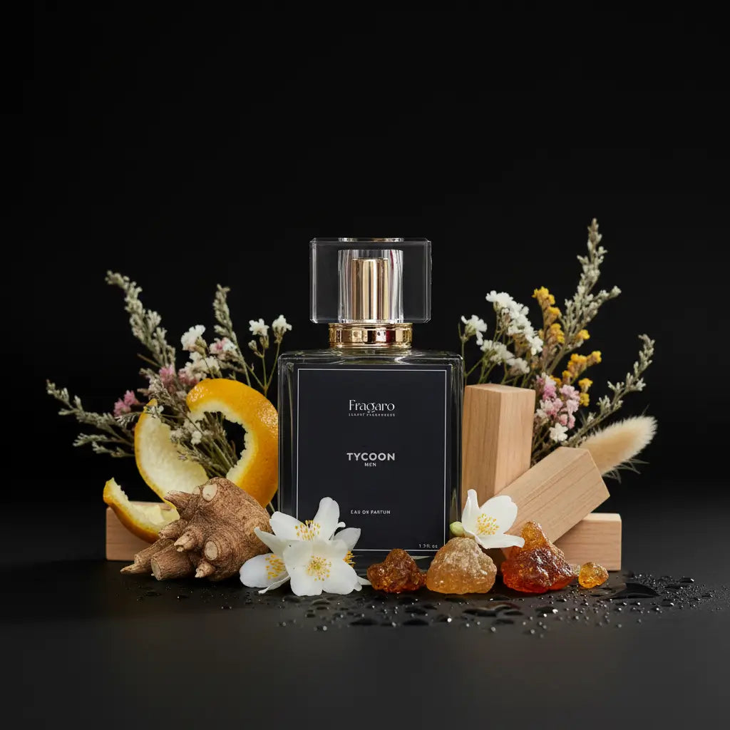 Perfume bottle labeled 'Tycoon' surrounded by flowers and fruits on a dark background