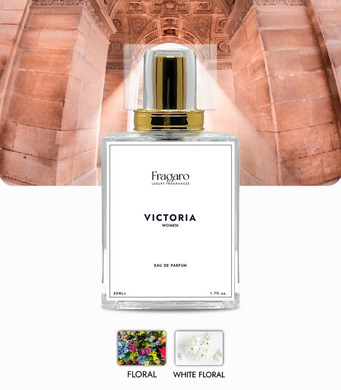 Victoria 50ml women's perfume bottle by Fragaro on background
