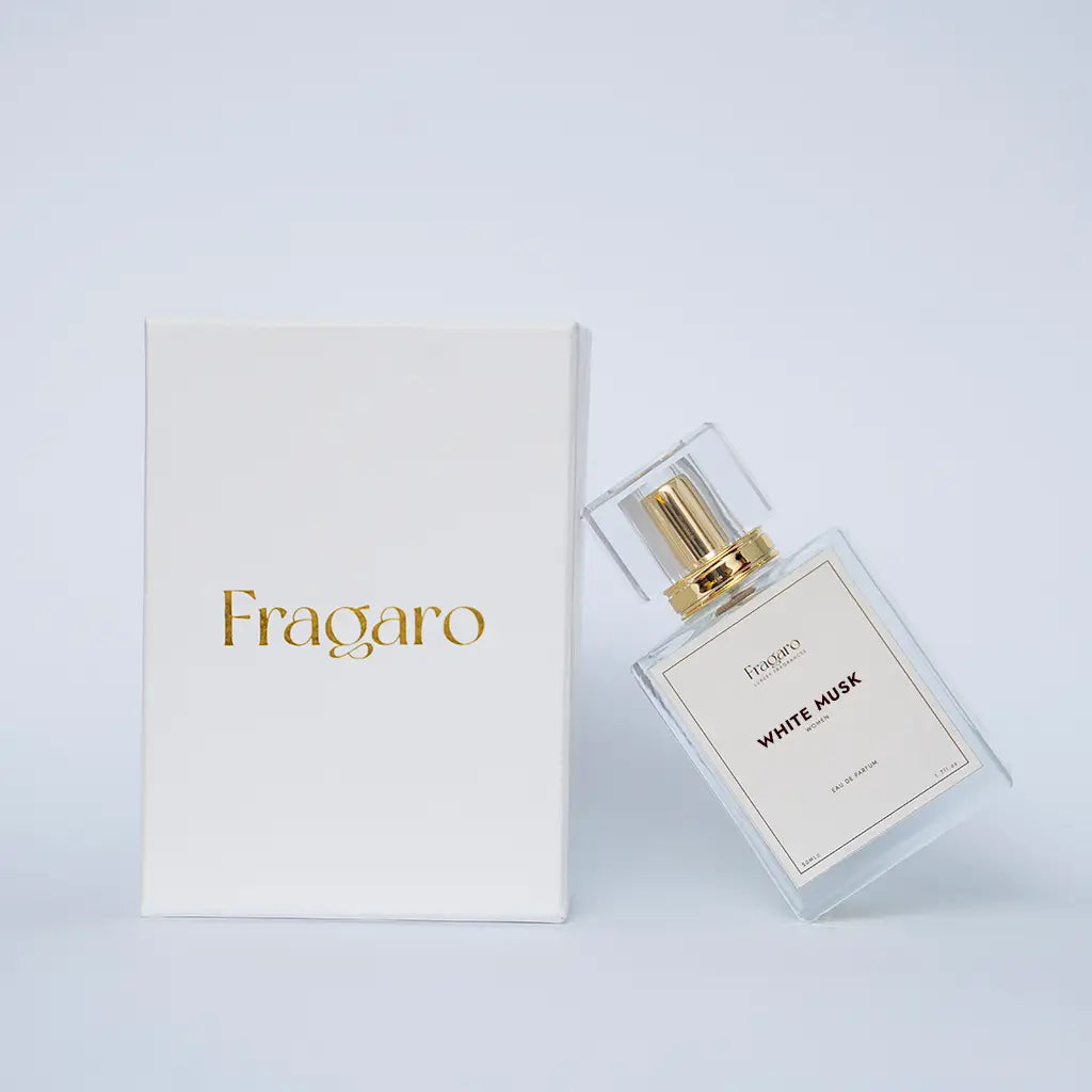 White Musk 50ml women's perfume bottle by Fragaro with premium packaging

