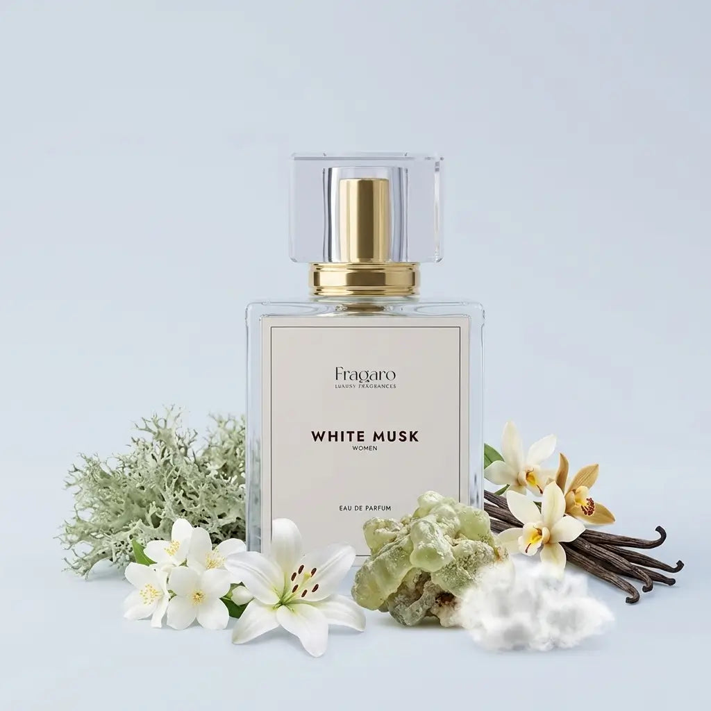 White Musk 50ml women's perfume bottle by Fragaro with ingredients