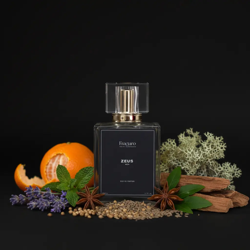 Zeus 50ml men's perfume bottle by Fragaro with ingredients
